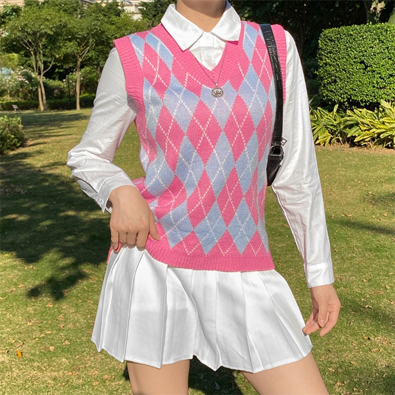 Xiangbao Áo Sweater Dệt Kim Không Tay Cổ Chữ V Kẻ Sọc Caro Phong Cách Preppy Vintage Mùa Thu Cho Nữ Sinh Trường Học