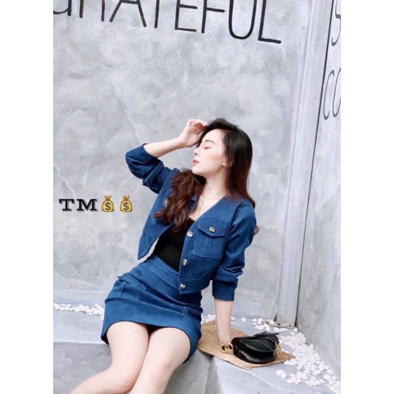 Set nhung áo ngắn mix chân váy có chun sau dễ mặc PL