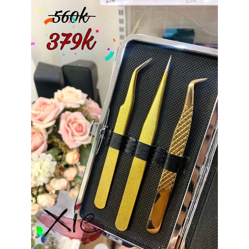 SALE 40%  COMBO NHÍP VÀNG  Nhíp volume tạo fan / nhíp tách mi / nhíp classic nối mi - XIE dụng cụ nail&amp;mi ♥️