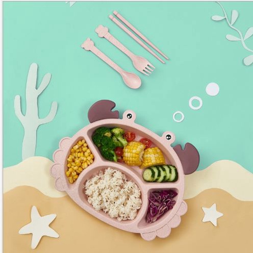 Khay Ăn Dặm Lúa Mạch Kiểu Cho Bé Tặng Kèm Thìa Dĩa, Dĩa Ăn Dặm Hình Thú Dễ Thương