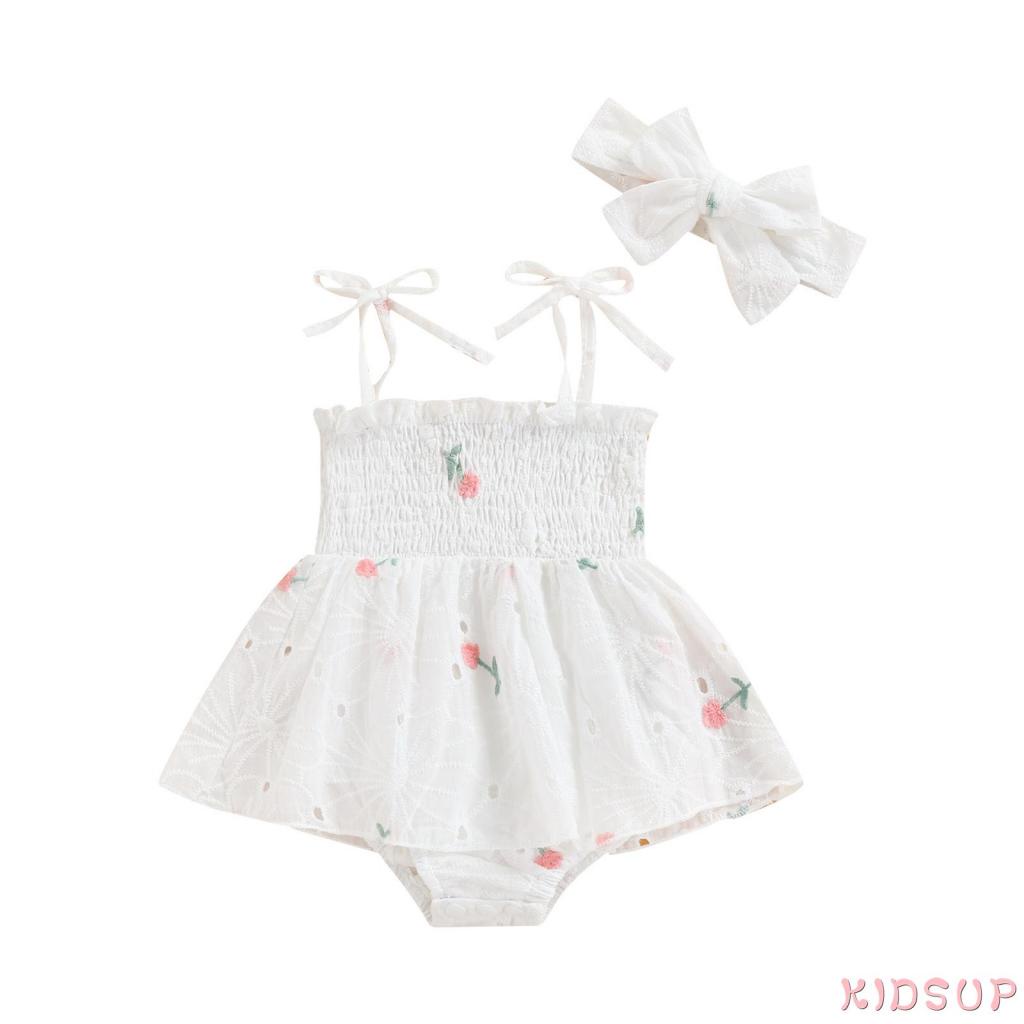 Bộ Áo Liền Quần Không Tay Thêu Hoa Kèm Băng Đô Xinh Xắn Cho Bé Gái