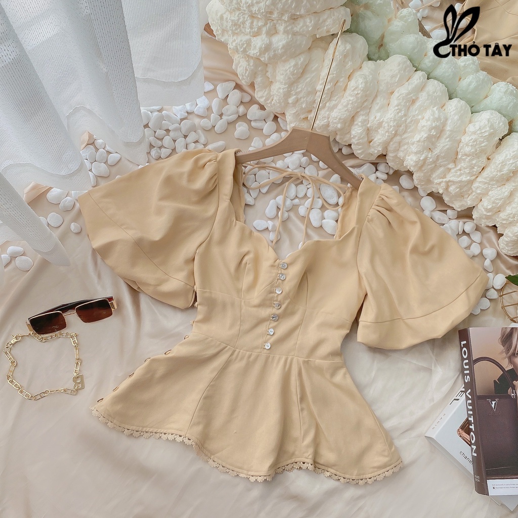Áo kiểu tay phồng đính nút THỎ TÂY A399X174
