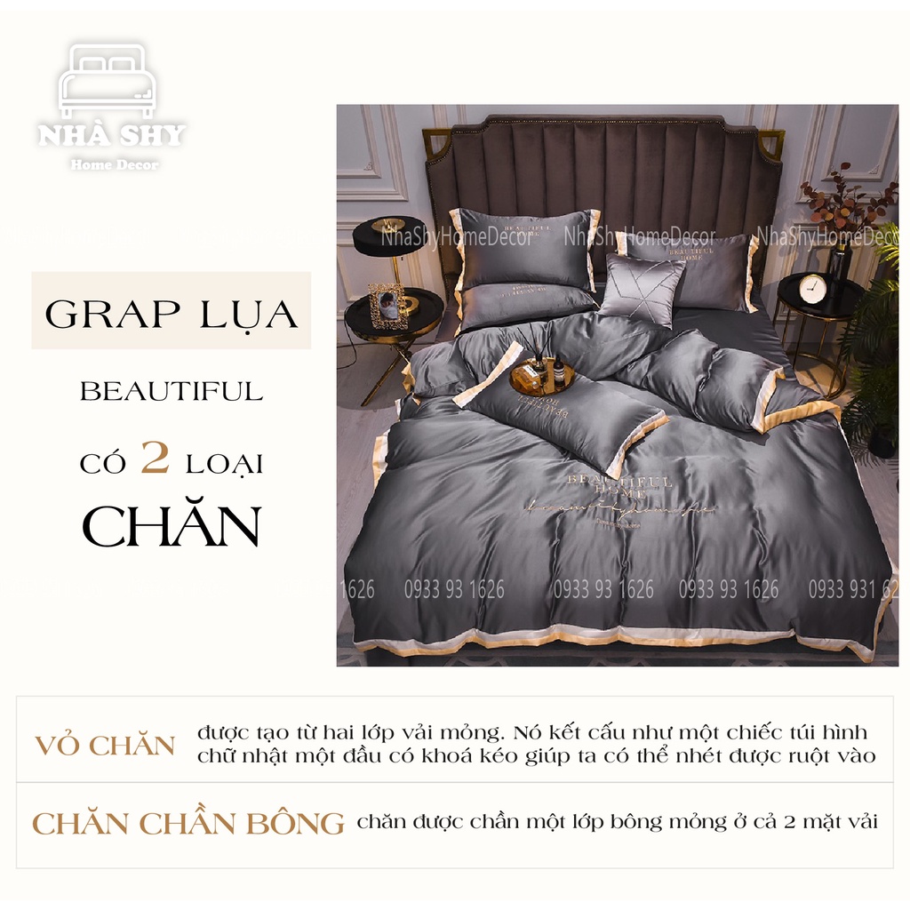 Trọn Bộ Chăn Ga Vỏ Gối Lụa Cotton BEAUTIFUL HOME - Chữ Thêu Sang Trọng - Phối Viền Nhiều Màu