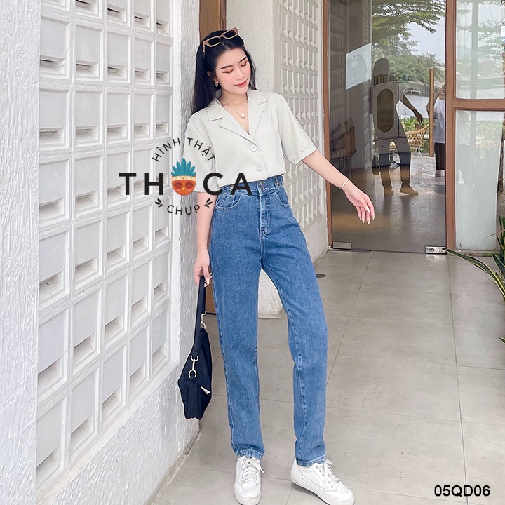 Quần jean baggy đai X nút kiểu 440 xanh đậm, xanh nhạt THOCA HOUSE fashion hiện đại, tôn dáng