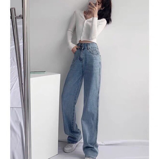Quần Jeans Ống Rộng 2 màu xanh, xám - Quần Ống Rộng Nữ Dáng Suông Jeans Lưng Cao Xưỡng May LT77