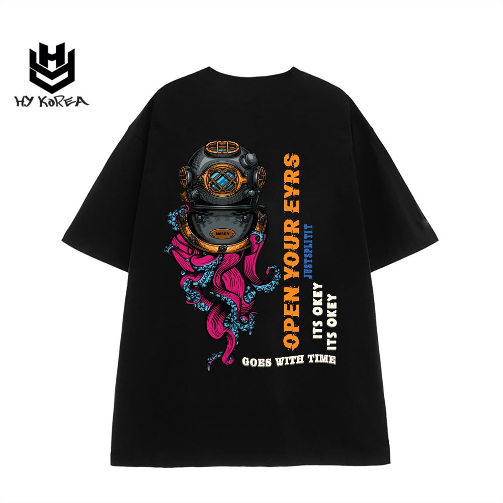 Áo thun unisex tay lỡ HY KOREA nam nữ form rộng in hình Mực đội mũ lặn 755