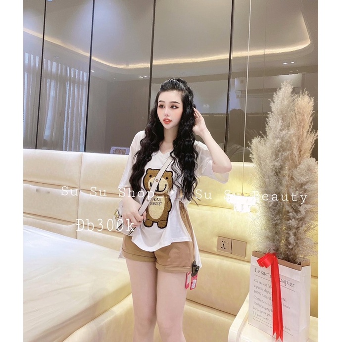 Set đùi gấu thêu cổ tim xẻ tà xinh xắn D1