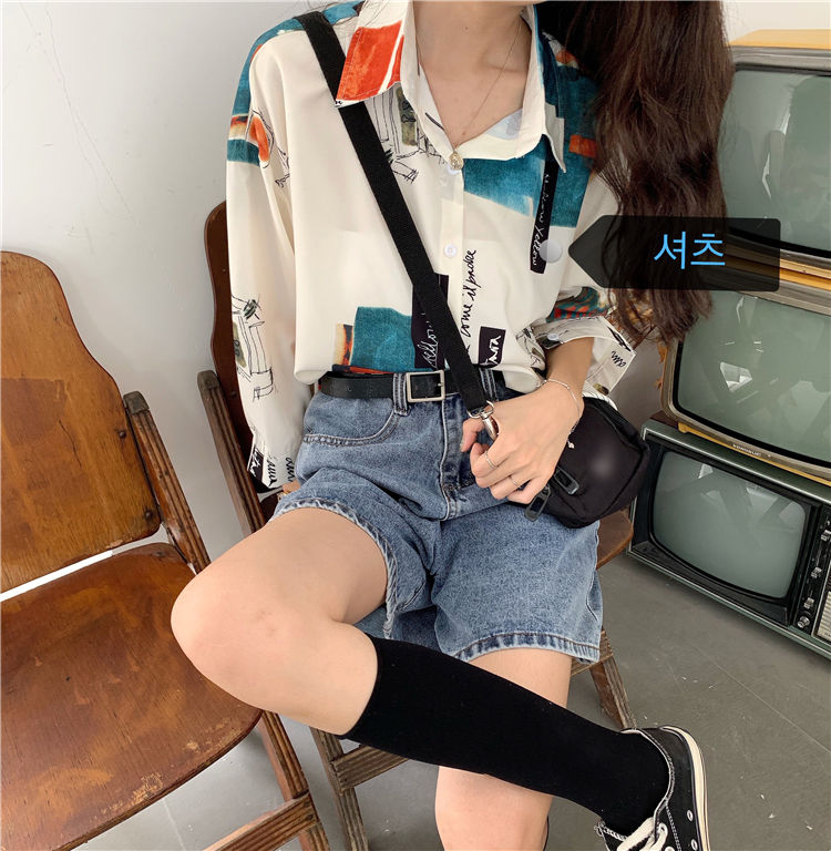 Áo Sơ Mi Tay Dài Form Rộng In Họa Tiết Phong Cách Retro Hàn Quốc