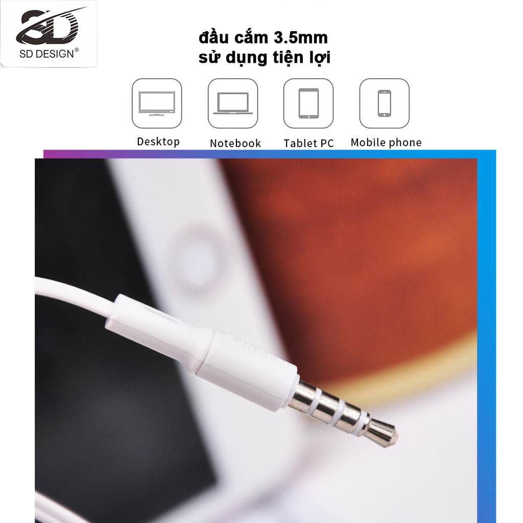 Tai Nghe jack 3.5 Nhét Tai SD Design V7 tương thích các dòng điện thoại jack 3.5mm, có mic bảo hành 12 tháng