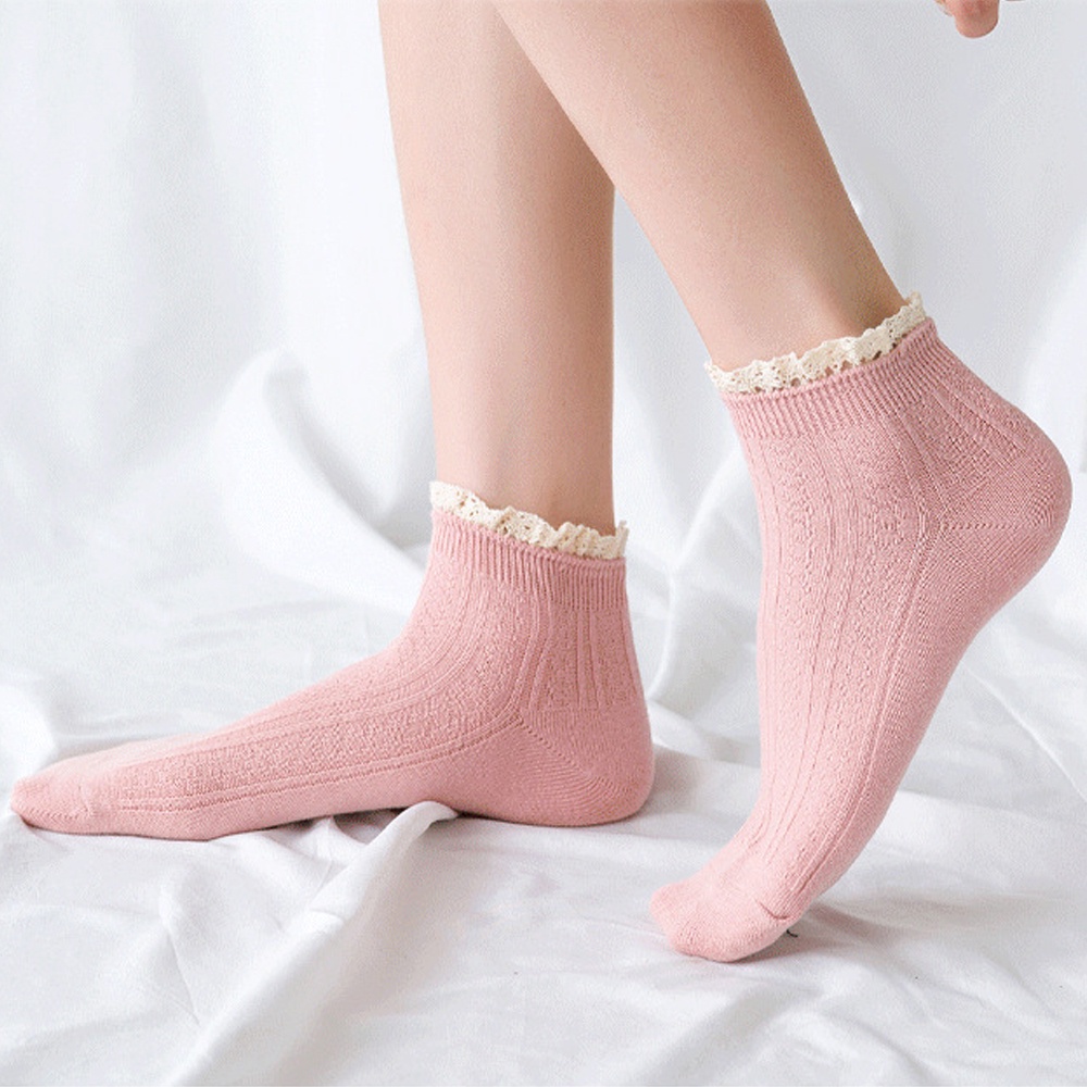 Vớ Cotton Cổ Thấp Màu Trơn Phối Ren Nhún Bèo Phong Cách Harajuku Thời Trang Cho Nữ