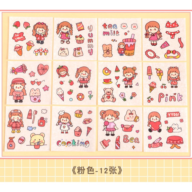 Set 12 miếng dán sticker trang trí đồ dùng hình cô gái siêu cute BAG U SCOBE12