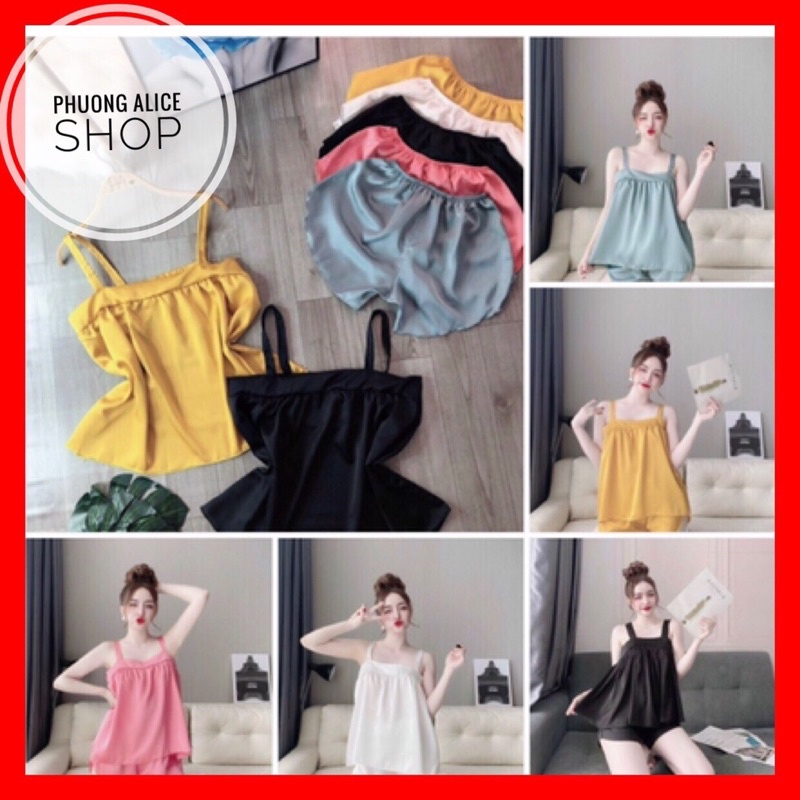 Bộ ngủ sexy nữ, đồ lụa satin, bộ đồ ngủ hai dây bản to mềm mịn mát