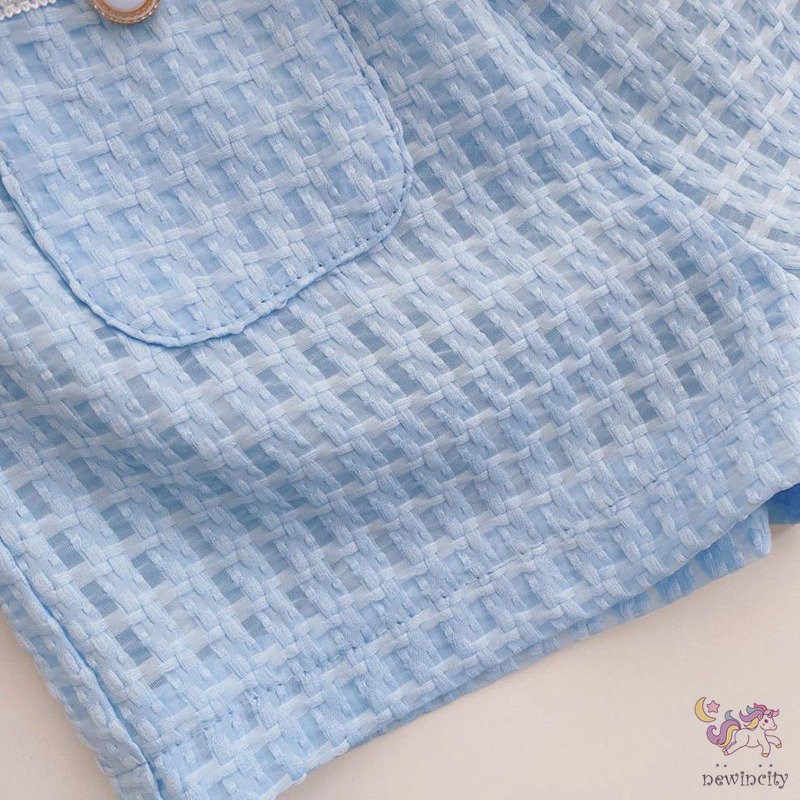Set áo ngắn tay đính nút ngọc trai giả + quần short phong cách Hàn Quốc thời trang mùa hè dành cho bé gái