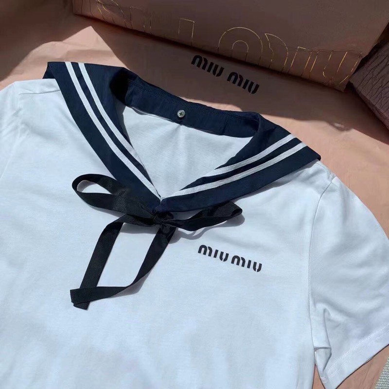 Áo phông ngắn tay Miumiu hàng cao cấp thiết kế cổ áo thủy thủ siêu trẻ trung