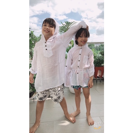 Áo xô gân trắng đi biển chống muỗi 🦟 chống nắng có nón cho cả gia đình