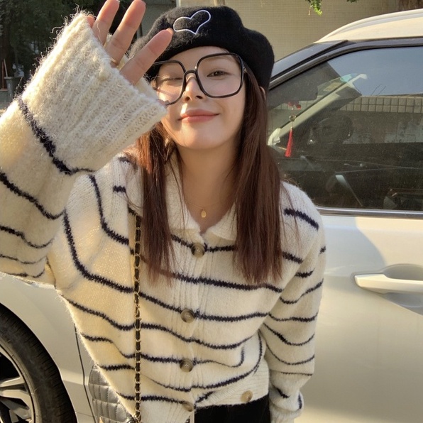 ZHELIHANGFEI Áo Sweater Dệt Kim Tay Dài Dáng Rộng Cổ POLO Họa Tiết Kẻ Sọc Dễ Phối Đồ Thẻ