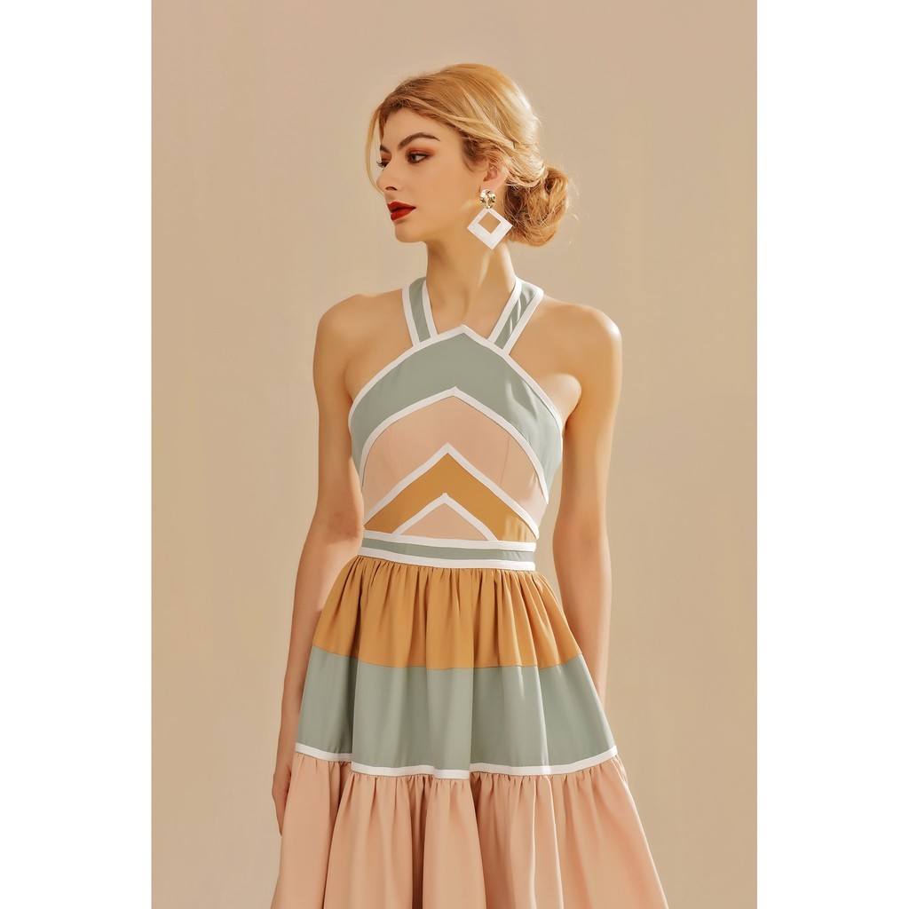 SÒ VINTAGE - ADELA Đầm yếm gài nút xòe phối màu | BigBuy360 - bigbuy360.vn