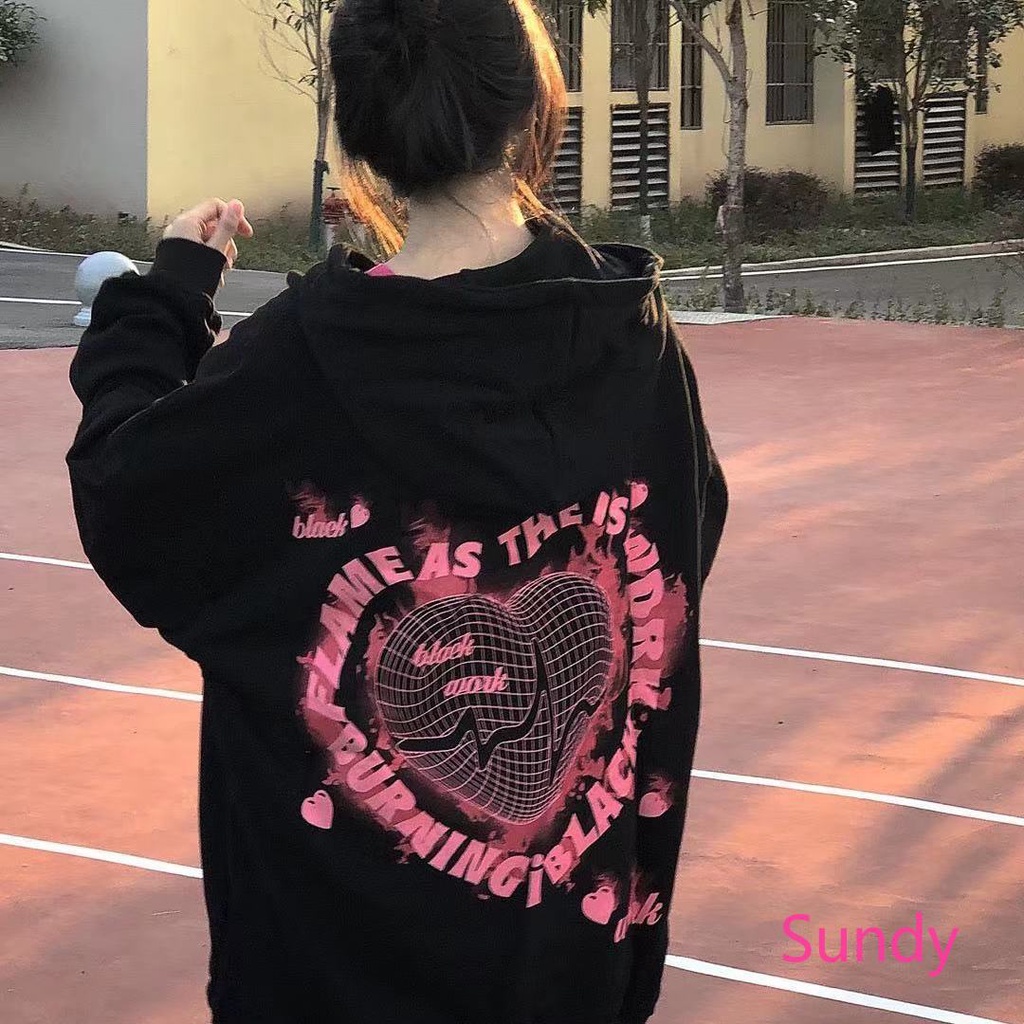 Áo hoodie màu đen lót nhung dày dặn thời trang mùa đông phong cách Hàn Quốc dành cho nữ