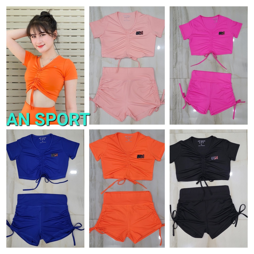 Đồ tập gym nữ bộ tập gym yoga aerobic nữ áo có tay rút dây giữa, quần rút dây 2 bên (bộ tập rút dây)