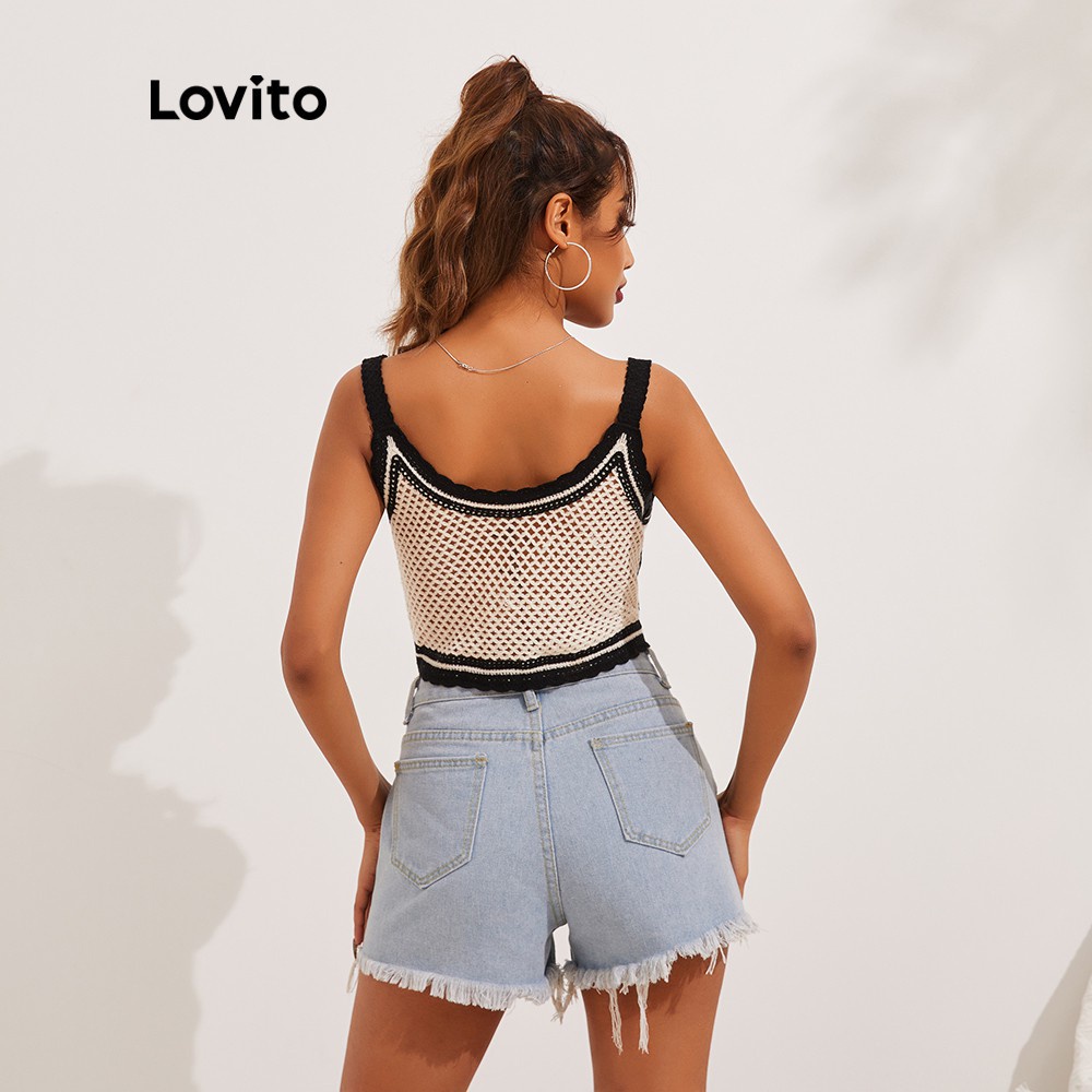  Áo vải dệt kim Lovito có dây cột hở vai họa tiết thêu hoa phong cách boho L13x023 màu đen | BigBuy360 - bigbuy360.vn