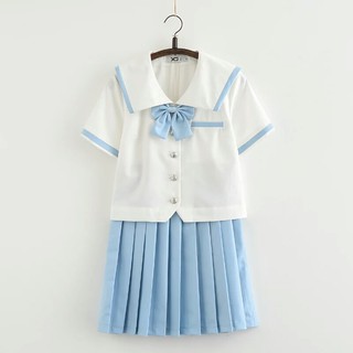 [CÓ SẴN] Bộ đồng phục học sinh Nhật Bản Hàn Quốc ngắn tay màu xanh da trời áo thủy thủ hải quân chân váy xếp ly