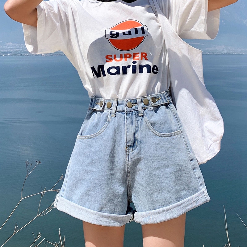 Woman With Ready Neck Short Pants Fashion Casual High Waistband Five Wide Denim Shorts