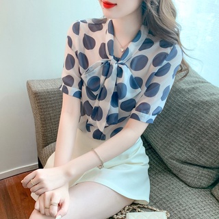 Áo sơ mi chiffon tay ngắn thắt nơ họa tiết chấm bi lớn cổ điển thanh lịch dành cho nữ
