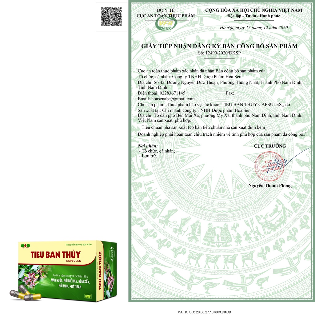 Tiêu Ban Thủy Capsules -Hoa Sen- Dị ứng, mẩn ngứa, sẩn mề đay có ngay Tiêu Ban Thủy