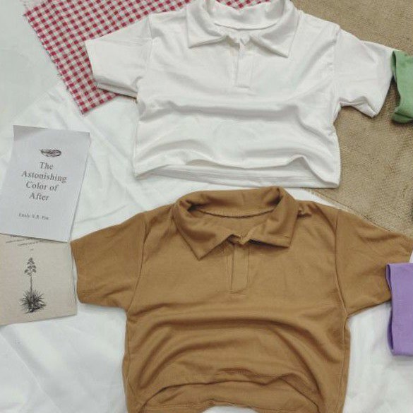 Áo thun croptop cổ bẻ cao cấp tay ngắn