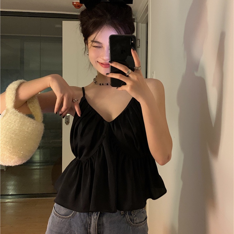 Áo Hai Dây Cổ Chữ V Xếp Ly Quyến Rũ Thời Trang Hè Cho Nữ