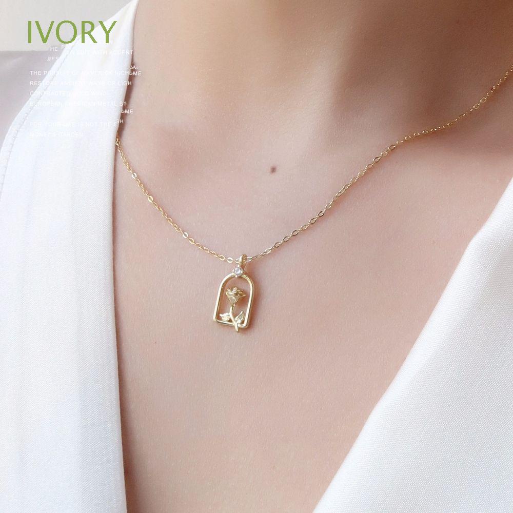 Vòng cổ đồng mặt hoa hồng hình học đính đá kim cương phong cách Hàn Quốc sang trọng