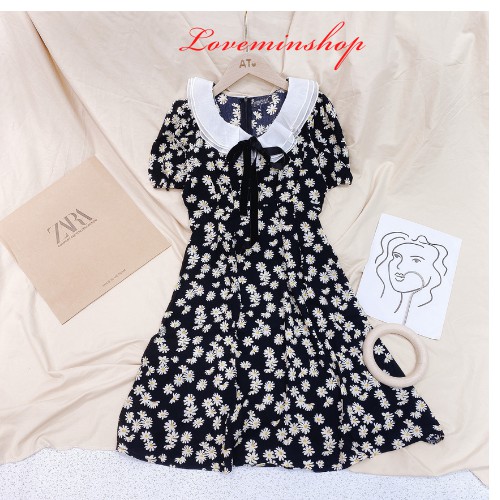 Váy đầm hoa cúc tiểu thư cổ ren tay ngắn dáng dài xòe,váy thiết kế Hotrend phong cách Hàn Quốc Freesize LOVEMIN-M18 | BigBuy360 - bigbuy360.vn