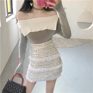 Set áo len trễ vai+ cv sọc ôm