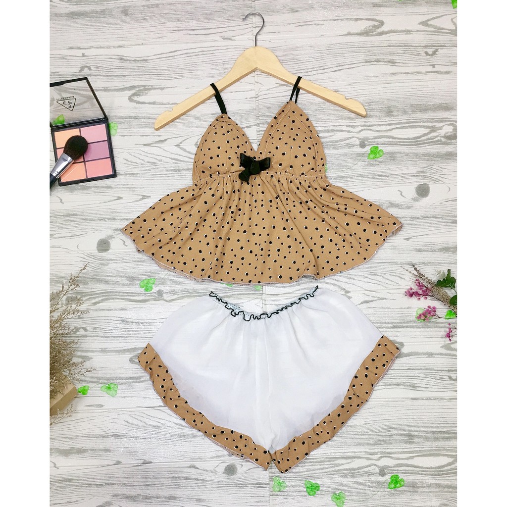 CROPTOP SIZE dưới 55Kg Bộ đồ ngủ vải voan chấm bi có mút ngực kiểu dáng gợi cảm quyến rũ đủ màu,Hàng Shop tự may