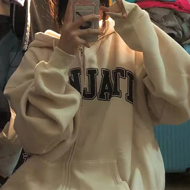 ZHELIHANGFEI Áo len trùm đầu khóa kéo dài tay áo T - kiểu dáng trường đại học áo sơ mi lỏng lẻo - phù hợp