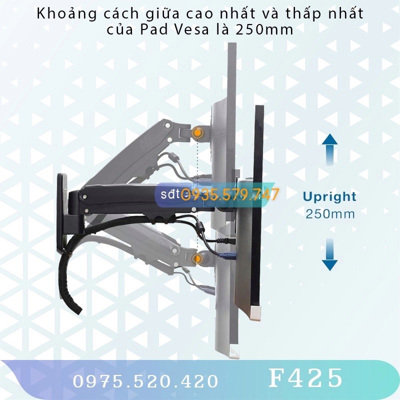 F425/ Giá Treo Màn hình gắn tường/ Tay treo/Arm màn hình gắn tường/ Lò xo thuỷ lực