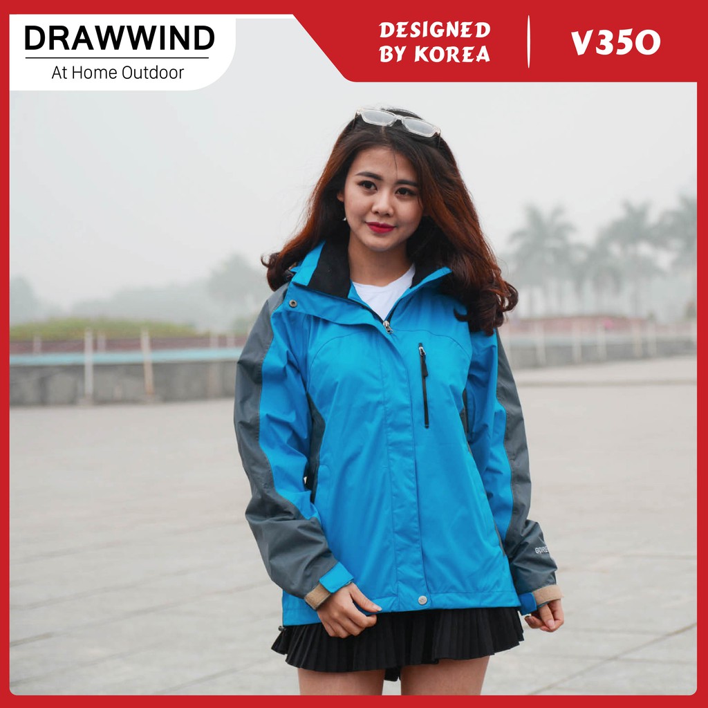 Áo gió 2 lớp nam nữ chống nước màu xanh dương size châu á,khoác dù vải GORE TEX Drawwind V350