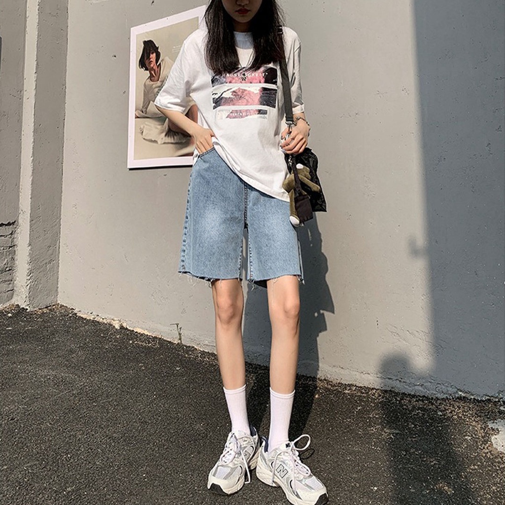 Quần short jean nữ ống rộng màu xanh nhạt rách 01 Pon.mens