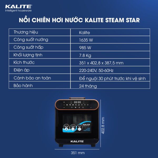 Nồi chiên hơi nước Kalite Steam Star, dung tích 15L, hấp chiên 2in1, điều khiển điện tử đa năng  [BẢO HÀNH 24 THÁNG]