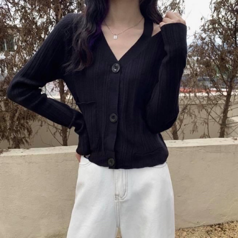 Áo cardigan kiểu nữ len gân tay dài khoét vai cut out trơn - Order taobao quảng châu