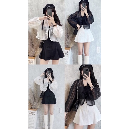 Quần kaki giả váy, 2 lớp 2 màu trắng đen, kiểu xếp ly (ảnh trải sàn SHE chụp cận chất)