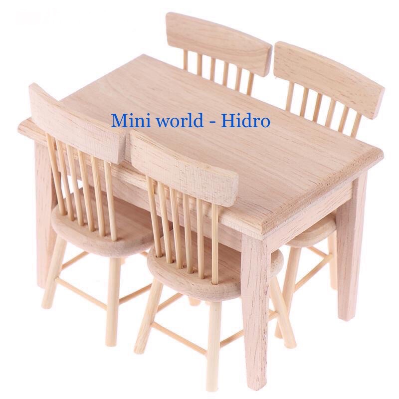 Mô hình Bộ bàn ghế gỗ mini dùng cho búp bê. Tỉ lệ 1/12 hoặc 1/8