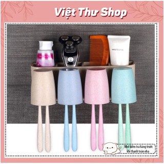 (XẢ HÀNG) Kệ bàn chải đánh răng nhà tắm dán tường siêu chắc, 2 cốc, 3 cốc, 4 cốc lúa mạch kèm máy nhả kem - Việt thư
