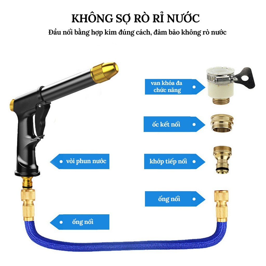 Vòi xịt tăng áp rửa xe tưới cây áp lực cao có thể điều chỉnh áp lực nước tặng 3 đầu chuyển đổi và ống nước dài 10m