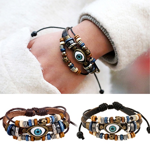 Vòng Đeo Tay Dây Da Giả Mặt Hình Mắt Người Thổ Nhĩ Kỳ Độc Đáo