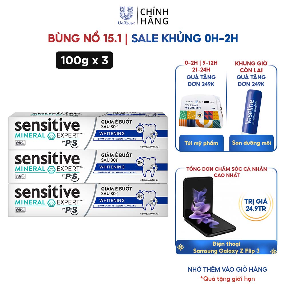 Bộ 3 Hộp Kem đánh răng P/S giảm ê buốt sau 30 giây Sensitive Mineral Expert Whitening với tác động từ khoáng 100g