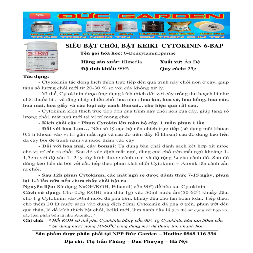Thuốc kích chồi Cytokinin 6-BAP lọ 25gam nhập khẩu Ấn Độ - Chuyên dùng hoa hồng, hoa lan, mai vàng, mai phôi rừng