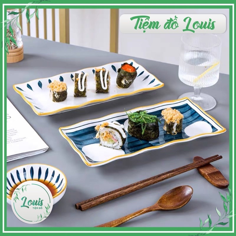 Đĩa Sứ Dài Hình Chữ Nhật Đựng Thức Ăn Sushi Hoạ Tiết Phong Cách Kiểu Nhật Decor Bàn Ăn Dĩa Sứ Ăn Cơm
