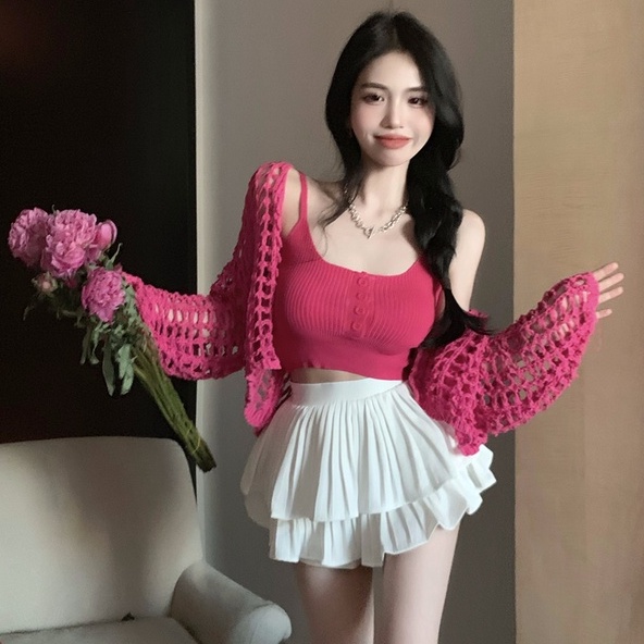 NUZIRO Áo khoác cardigan dệt kim tay dài/ Áo kiểu hai dây  che nắng thời trang dành cho nữ