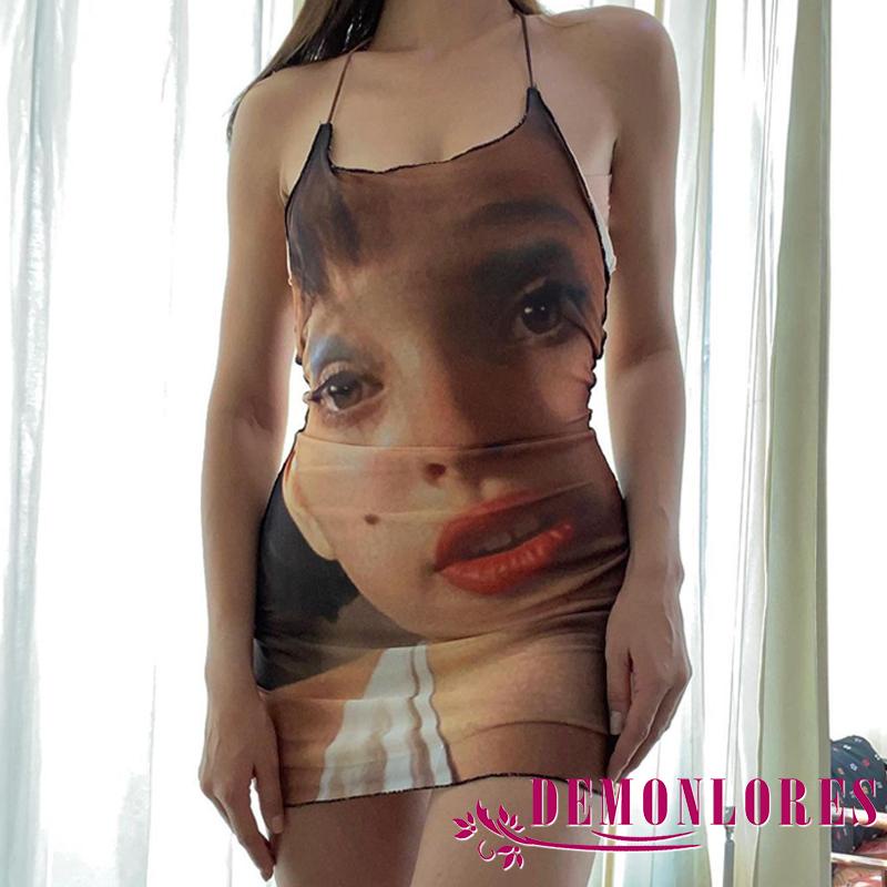 Đầm không tay cổ chữ U in họa tiết chân dung thời thượng dành cho nữ